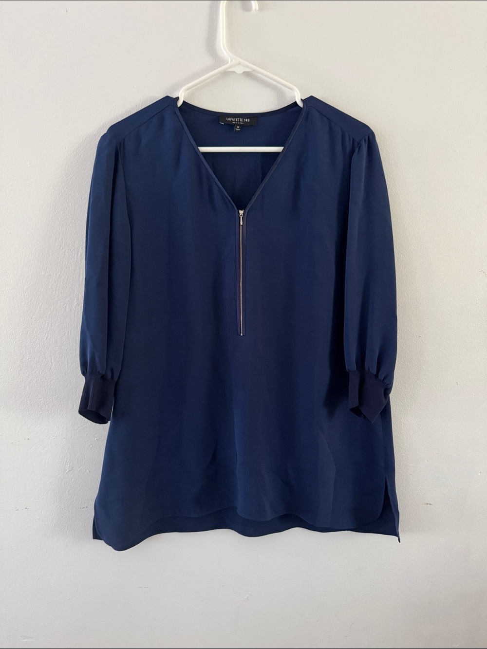 Lafayette 148 New York Navy Front-Zip V-Neck Tunic Sz M
